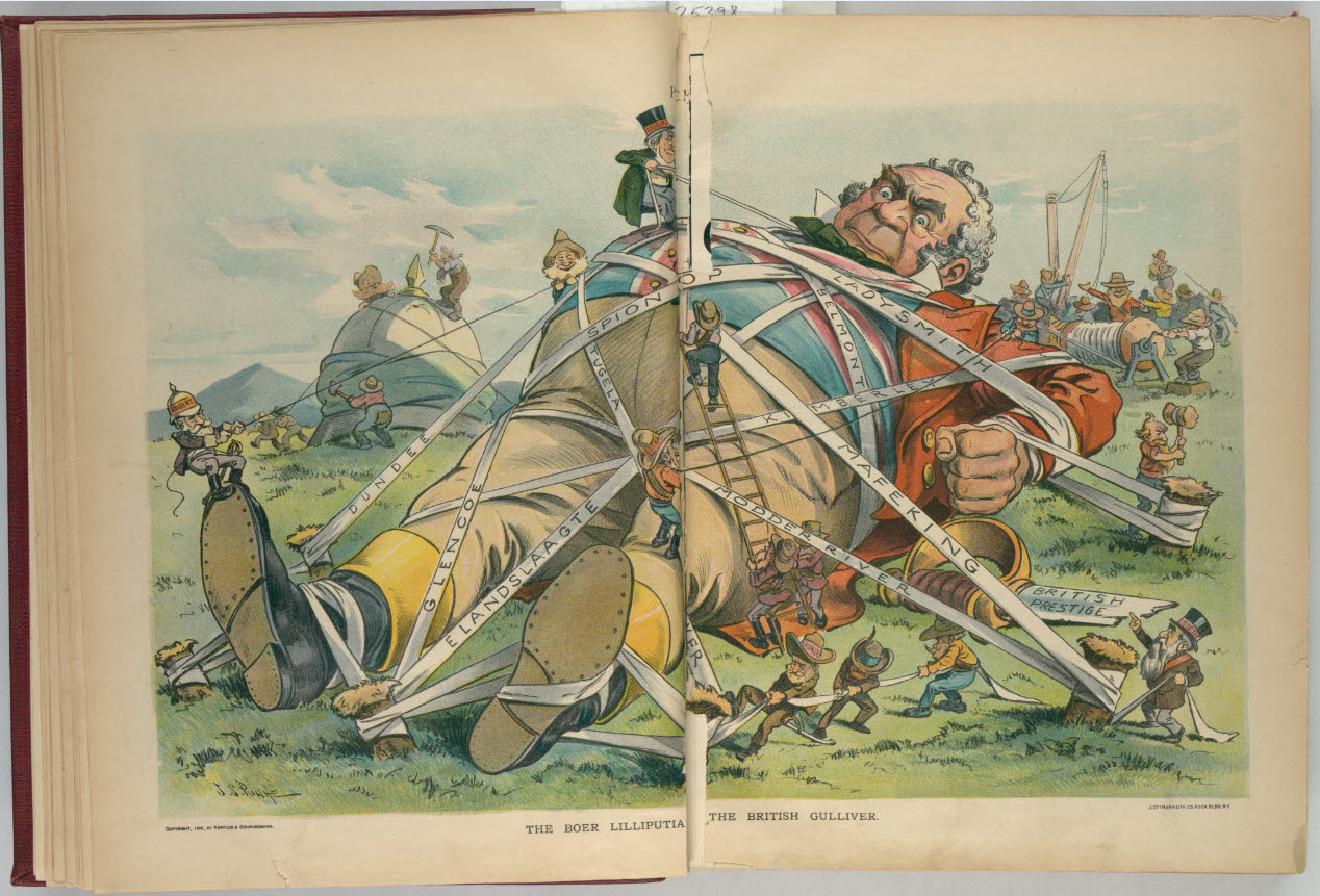 Boers Depicted as Lilliputians Fighting a Giant British Bullliver